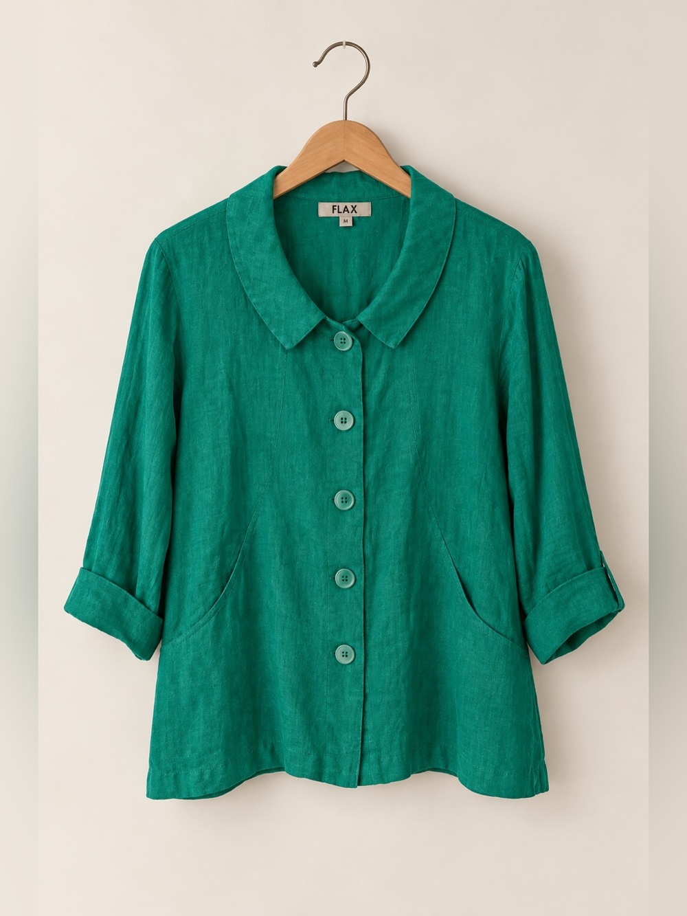 FLAX | Kelly Green Linen Button Down Top Preppy Summer Lagenlook Breathable